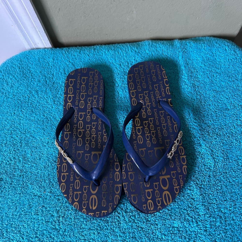 Bebe Navy Flip Flops with Rhinestone Accents